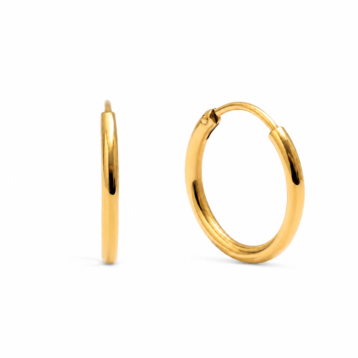 Pendientes Basic 12 dorados, pareja de aros lisos de 12 mm con cierre de clic