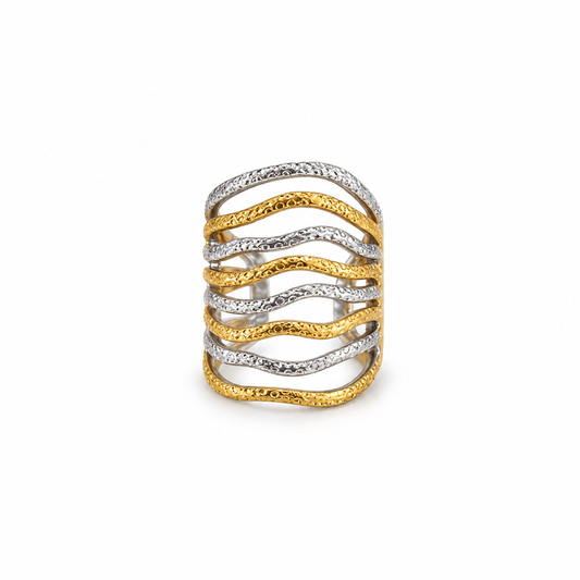 Anillo Flux bicolor ajustable de acero 316L con bandas onduladas