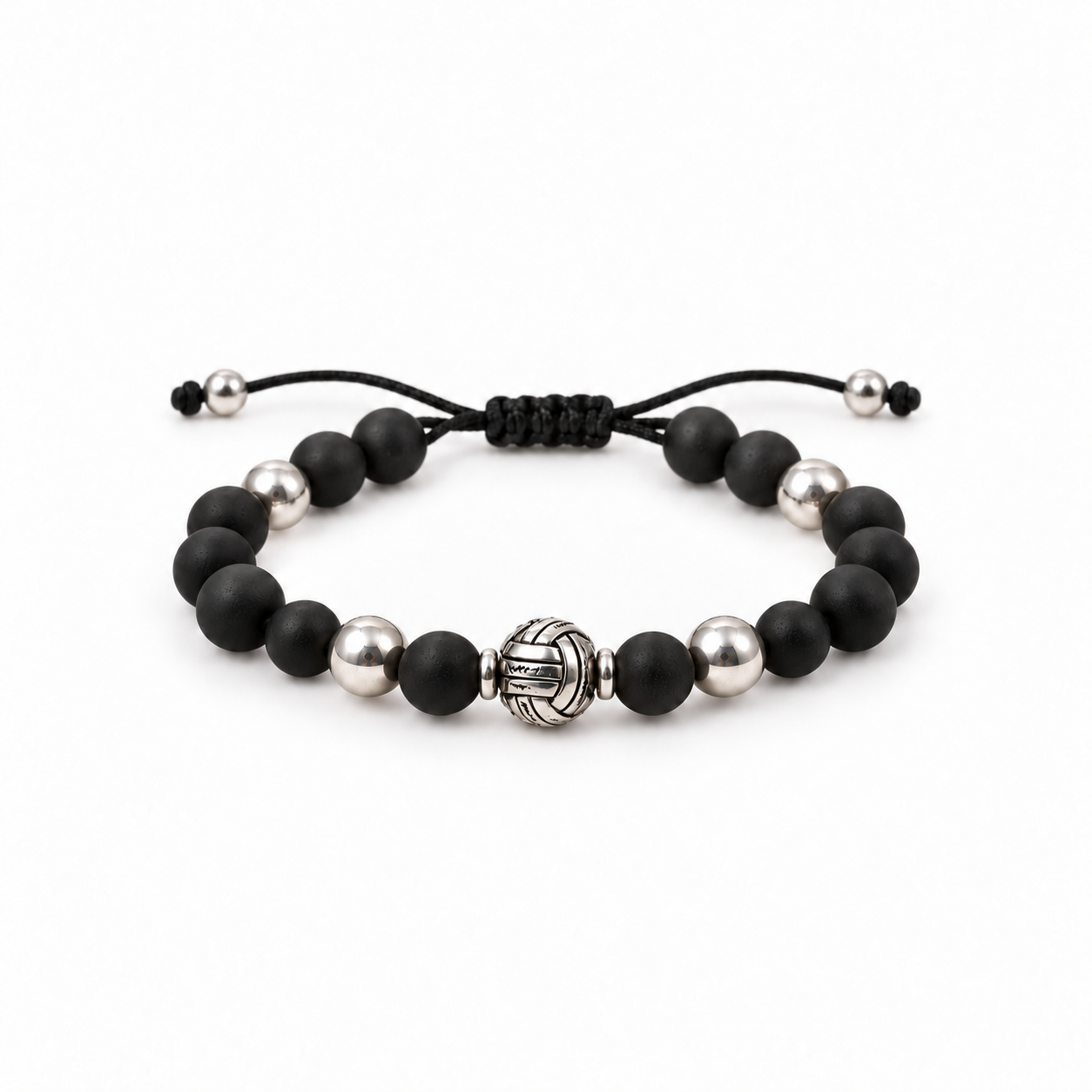 Pulsera Black Knot de piedra natural negra con detalles plateados y cordón deslizante