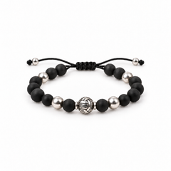 Pulsera Black Knot de piedra natural negra con detalles plateados y cordón deslizante