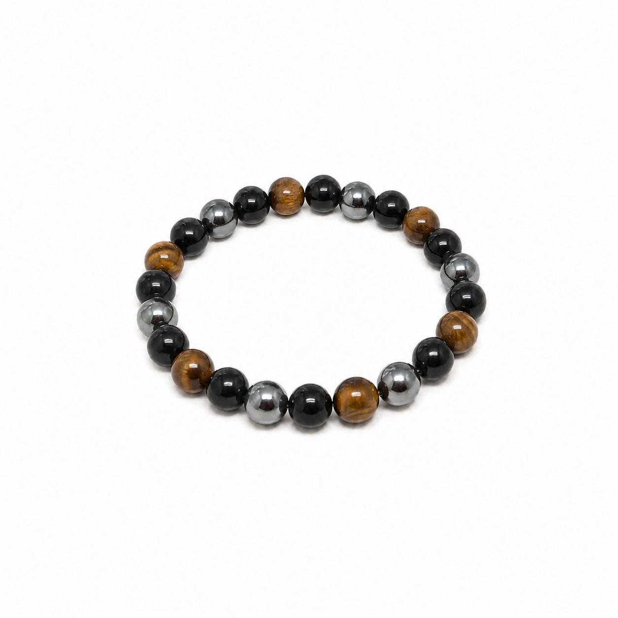 Pulsera Dark Matter de ónix negro, ojo de tigre y hematita sobre fondo blanco