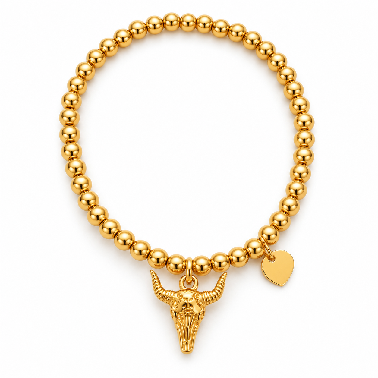 Pulsera elástica Rodeo dorada de bolitas de acero con colgante de calavera de toro