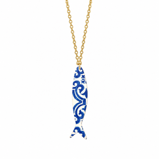 Collar con pez azul y blanco