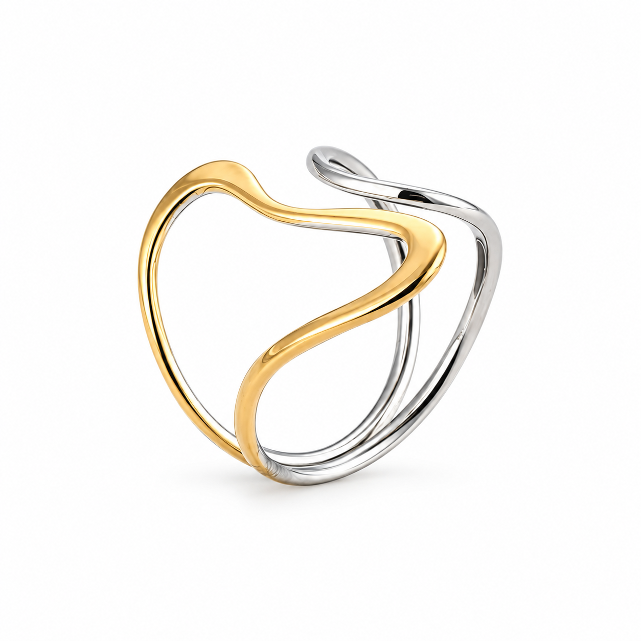 Anillo Cruce bicolor de acero, con líneas onduladas doradas y plateadas