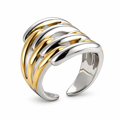 Anillo Riff ajustable bicolor con bandas curvas doradas y plateadas sobre fondo blanco