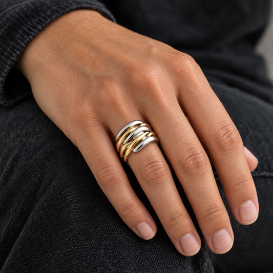 Anillo riff bicolor puesto en una mano