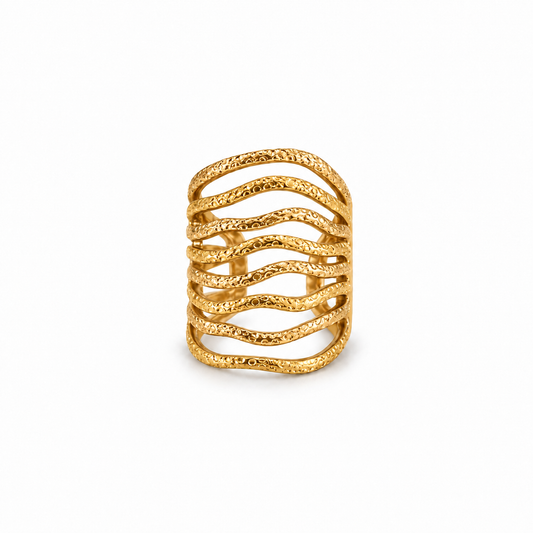 Anillo Flux dorado ajustable de acero 316L con bandas onduladas
