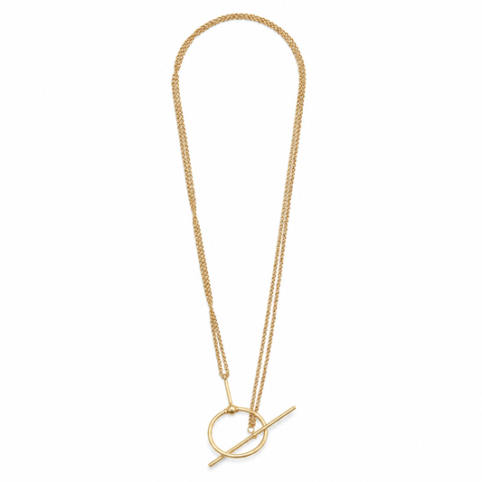 Collar Desvío dorado ajustable con doble cadena, anilla y barra diagonal sobre fondo blanco