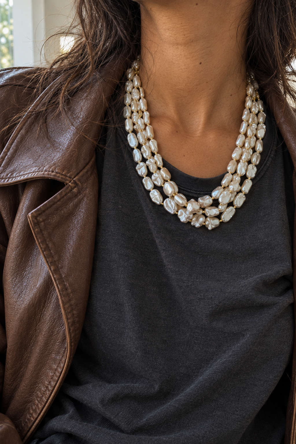 Collar Exceso blanco de tres vueltas puesto con camiseta oscura y chaqueta marrón