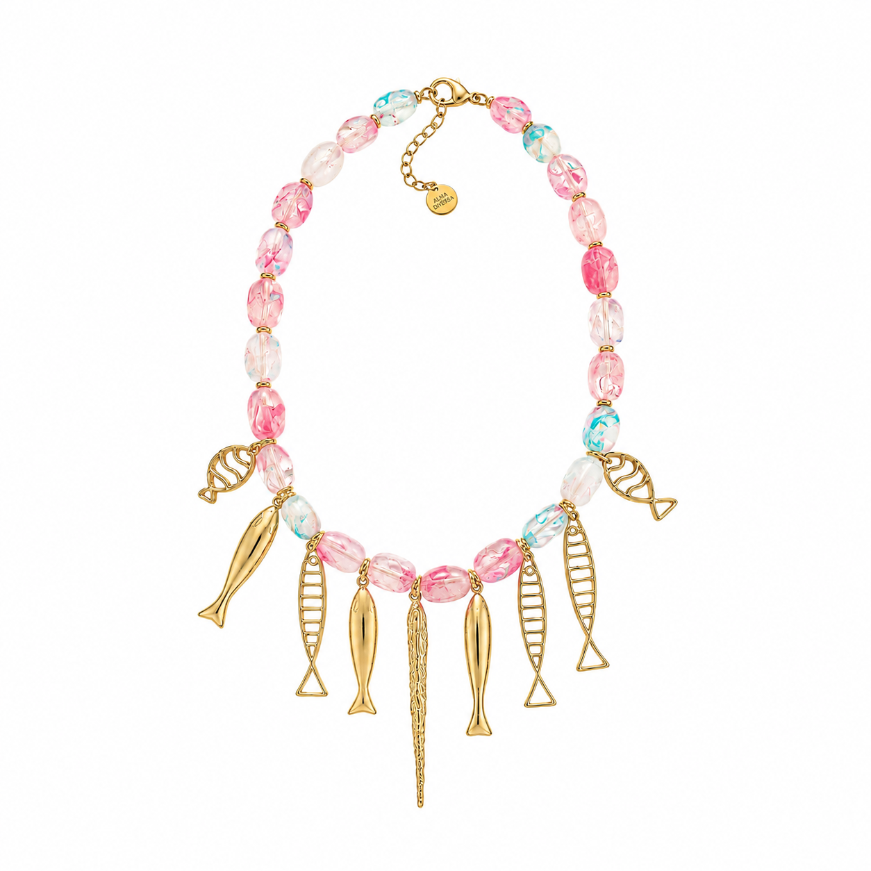 Collar Fish Parade de piedras rosas y azules con peces dorados