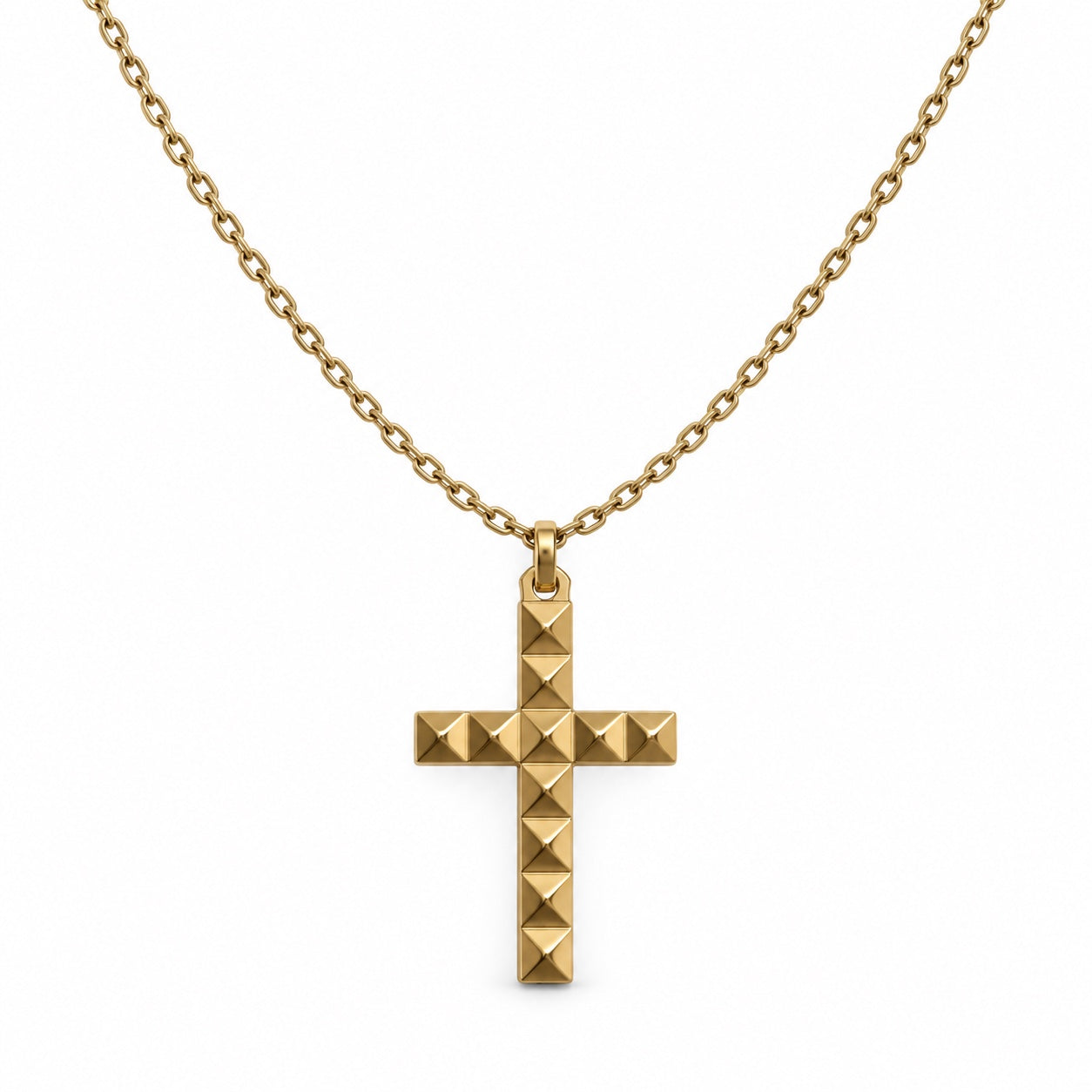 Collar Heresy de acero dorado con cruz de tachuelas y cadena de 50 cm