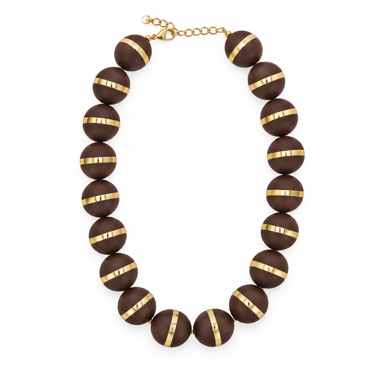 Collar Órbita marrón de bolas con franja dorada sobre fondo blanco