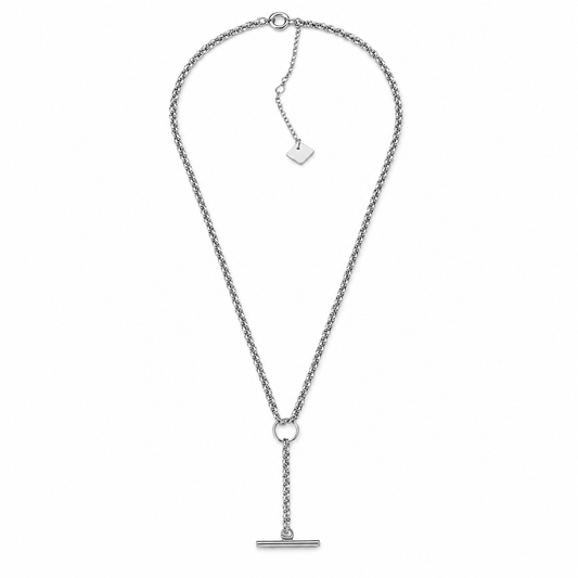 Collar Torque plateado completo con anilla y barra frontal sobre fondo blanco