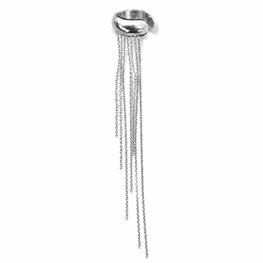 Ear cuff Silver Rain plateado de acero 316L con cadenas