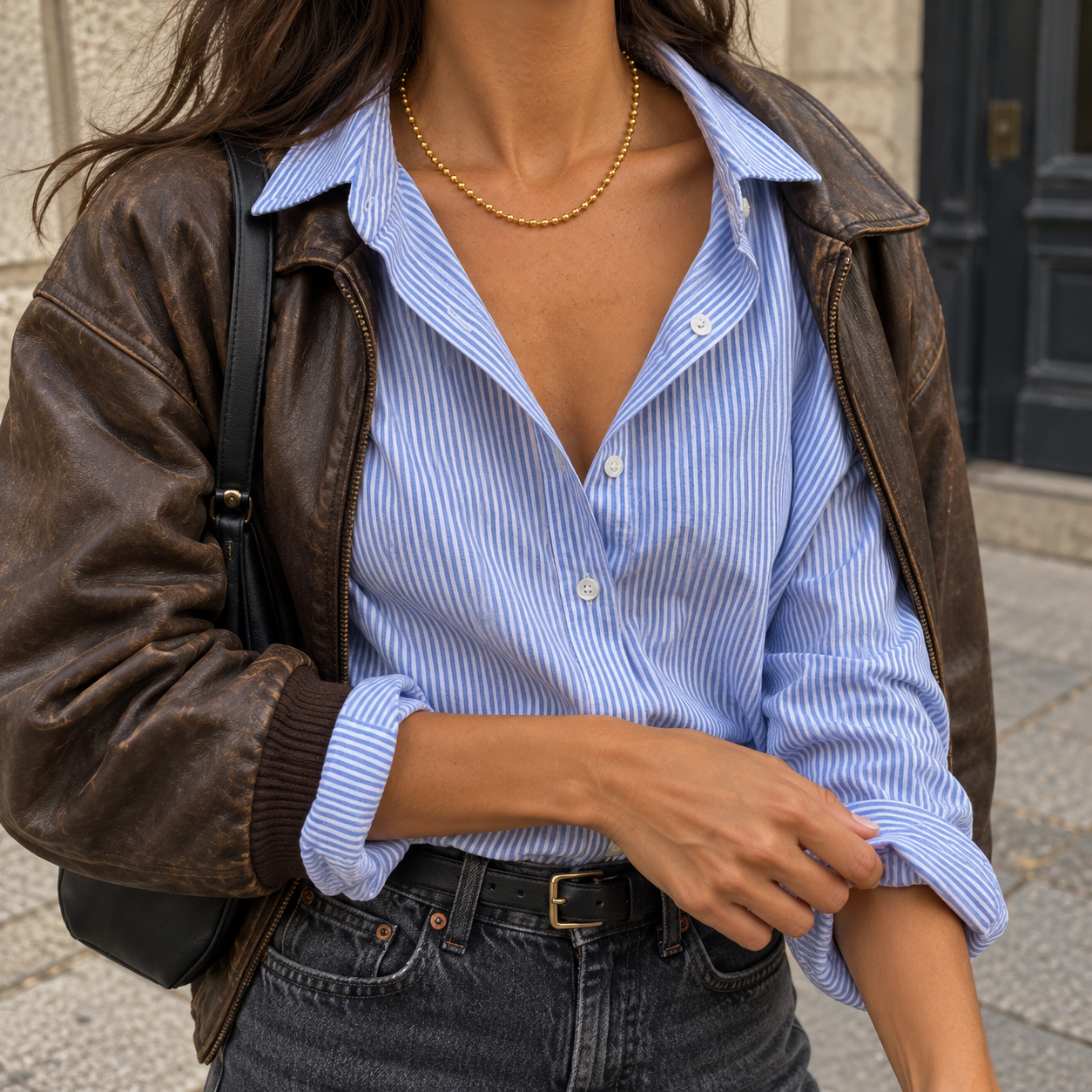 Collar Orbit dorado con camisa de rayas, bomber de cuero marrón y vaqueros, sin rostro