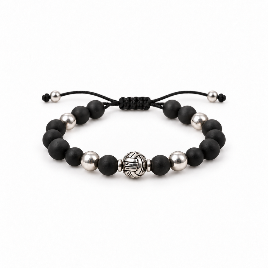 Pulsera Black Knot de piedra natural negra con detalles plateados y cordón deslizante