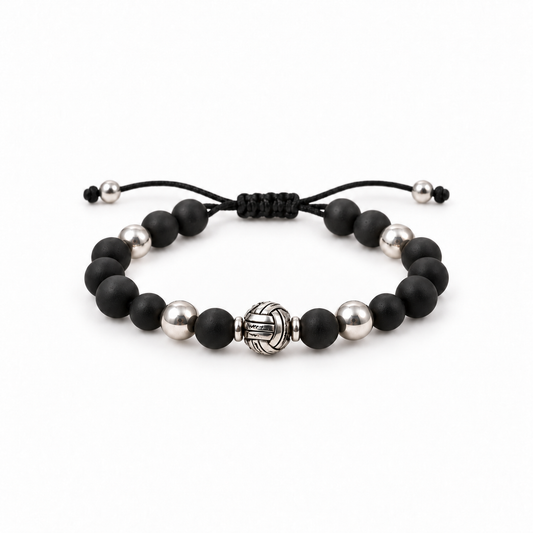 Pulsera Black Knot de piedra natural negra con detalles plateados y cordón deslizante