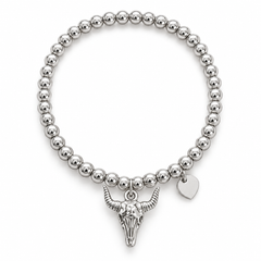 Pulsera elástica Rodeo plateada de bolitas de acero con colgante de calavera de toro